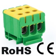 Klemm Al/Cu UK150/3PE, 1P (6holes) 35-150mm² 290/320A, 3pcs/pck, TS35 ˄panel mount, koro